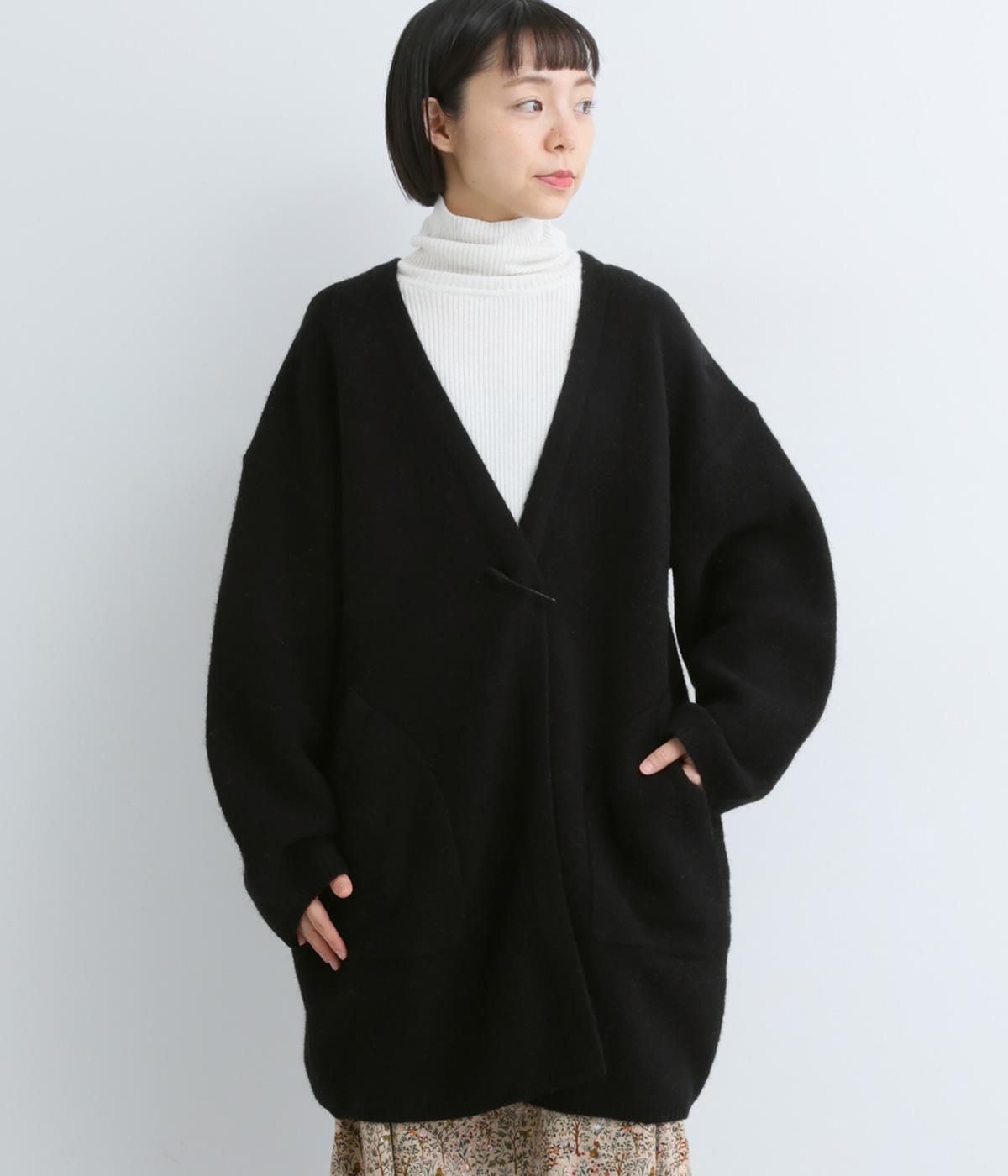 天竺強縮　ウールニットロングカーディガン(ブラック-F)