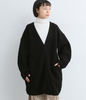 天竺強縮　ウールニットロングカーディガン(ブラック-F)