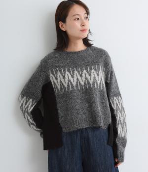 モヘア×ウール×リサイクルナイロン　切替えニットプルオーバー(チャコール-F)