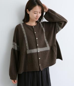 ウール×リサイクルナイロン天竺　シングルジャカード　2wayニットプルオーバー(ダークブラウン-F)