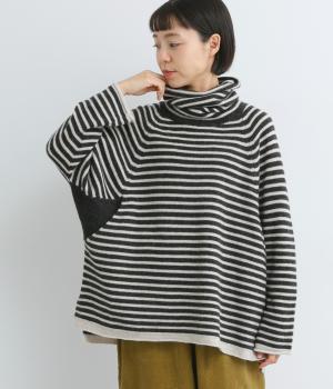 ウール×リサイクルナイロン　サイドポケットハイネックニットプルオーバー(チャコール×オートミール-F)