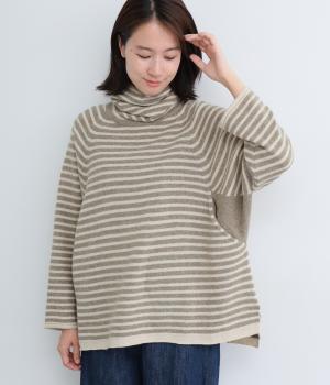 ウール×リサイクルナイロン　サイドポケットハイネックニットプルオーバー(モカ×オートミール-F)