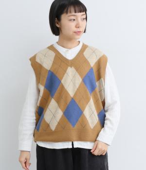ピュアメリノウールボイルド　アーガイルニットベスト(キャメル-F)