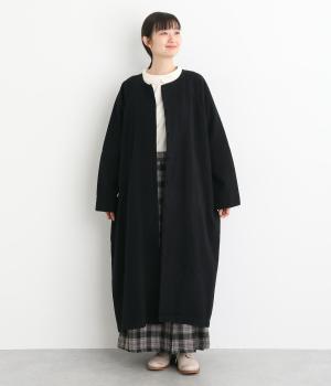 コットンリネン先染めツイル起毛ワンピースコート(ブラック-F)