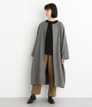 コットンリネン先染めツイル起毛ワンピースコート(ブラック×キナリ-F)