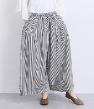 コットン　ギャザー切替ワイドパンツ(ネイビーストライプ-F)