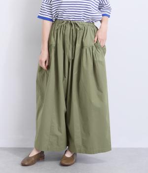 コットン　ギャザー切替ワイドパンツ(カーキ-F)