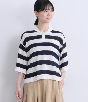 5分袖ボーダーポロニット(オフ×ネイビー-F)
