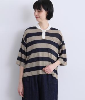 5分袖ボーダーポロニット(グレージュ×ネイビー-F)