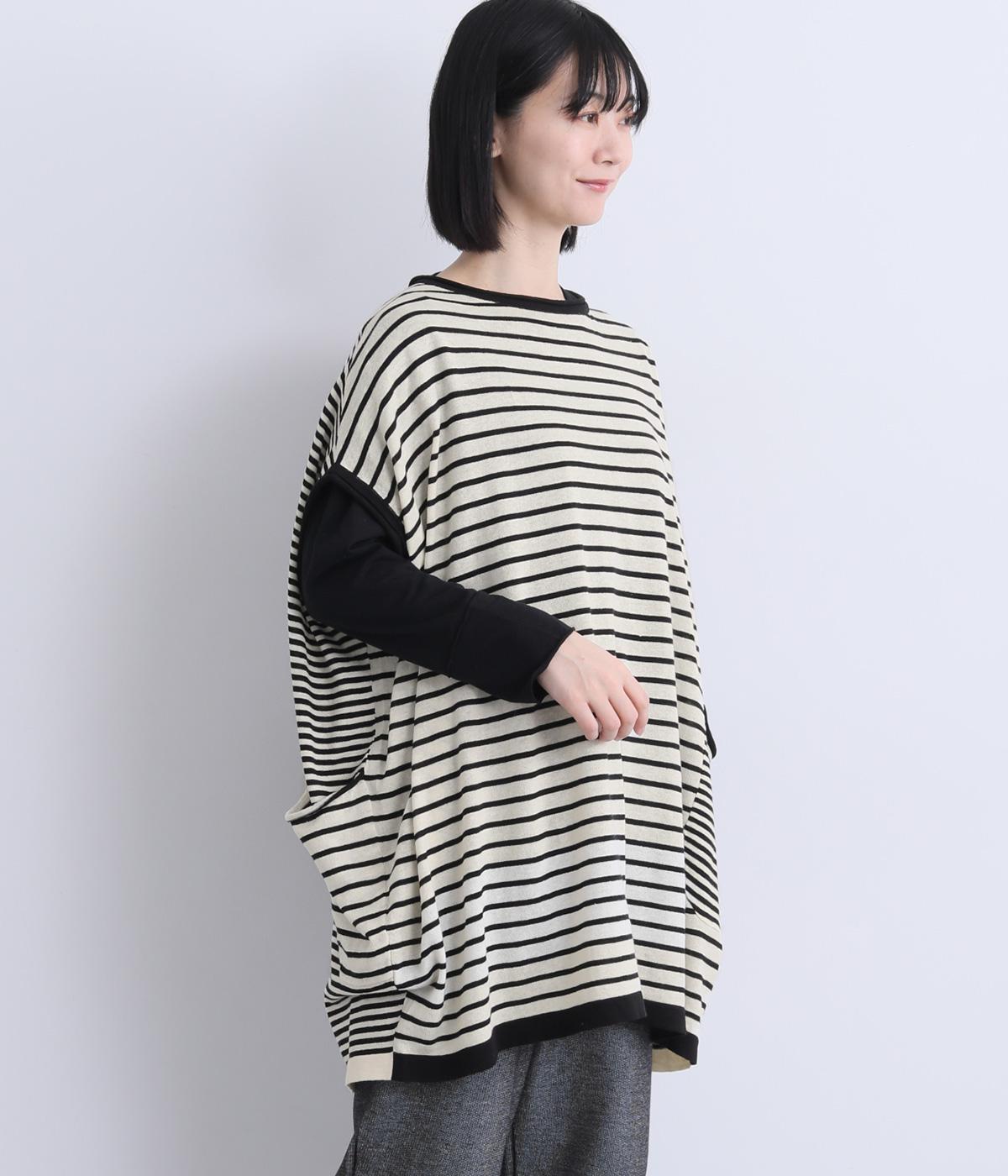 リネンコットン　2wayロングニットベスト(ブラック×ホワイト-F)