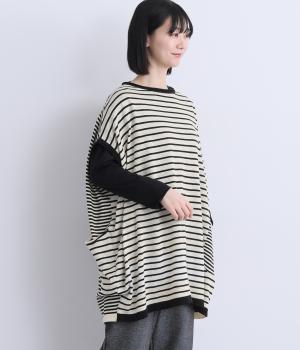 リネンコットン　2wayロングニットベスト(ブラック×ホワイト-F)