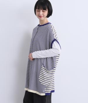 リネンコットン　2wayロングニットベスト(ブルー×ホワイト-F)