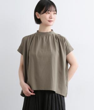 クラシック天竺　コットン後ろボタン切替ギャザープルオーバー