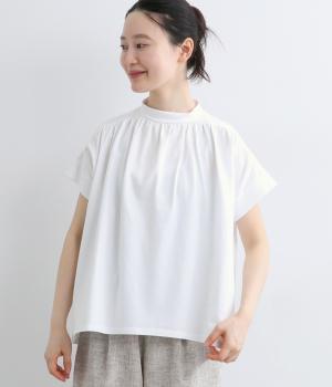 クラシック天竺　コットン後ろボタン切替ギャザープルオーバー(ホワイト-F)