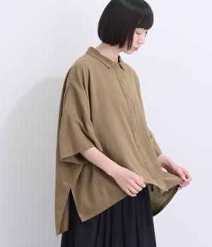 コットンリネンガーゼ　ワイドシャツ(ライトブラウン-F)