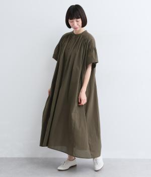 コットン　ギャザー前開きワンピース(ダークブラウン-F)