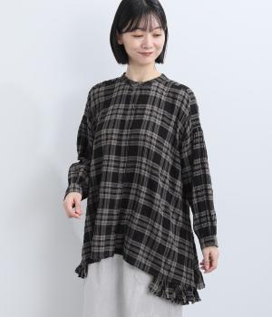 コットンボイル先染めチェック裾フリルブラウス(グレー系-F)