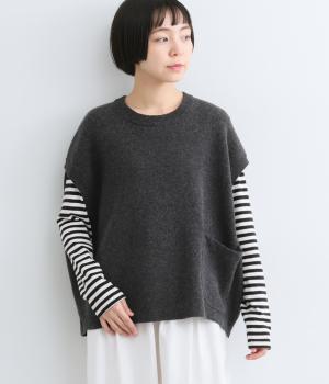 ウール混ポケット付きニットワイドベスト（チャコール・F）
