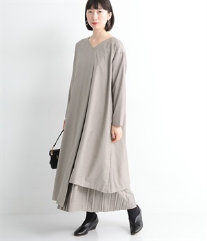 アシンメトリーVネックドレス×プリーツキャミワンピース(グレージュ-ONESIZE)