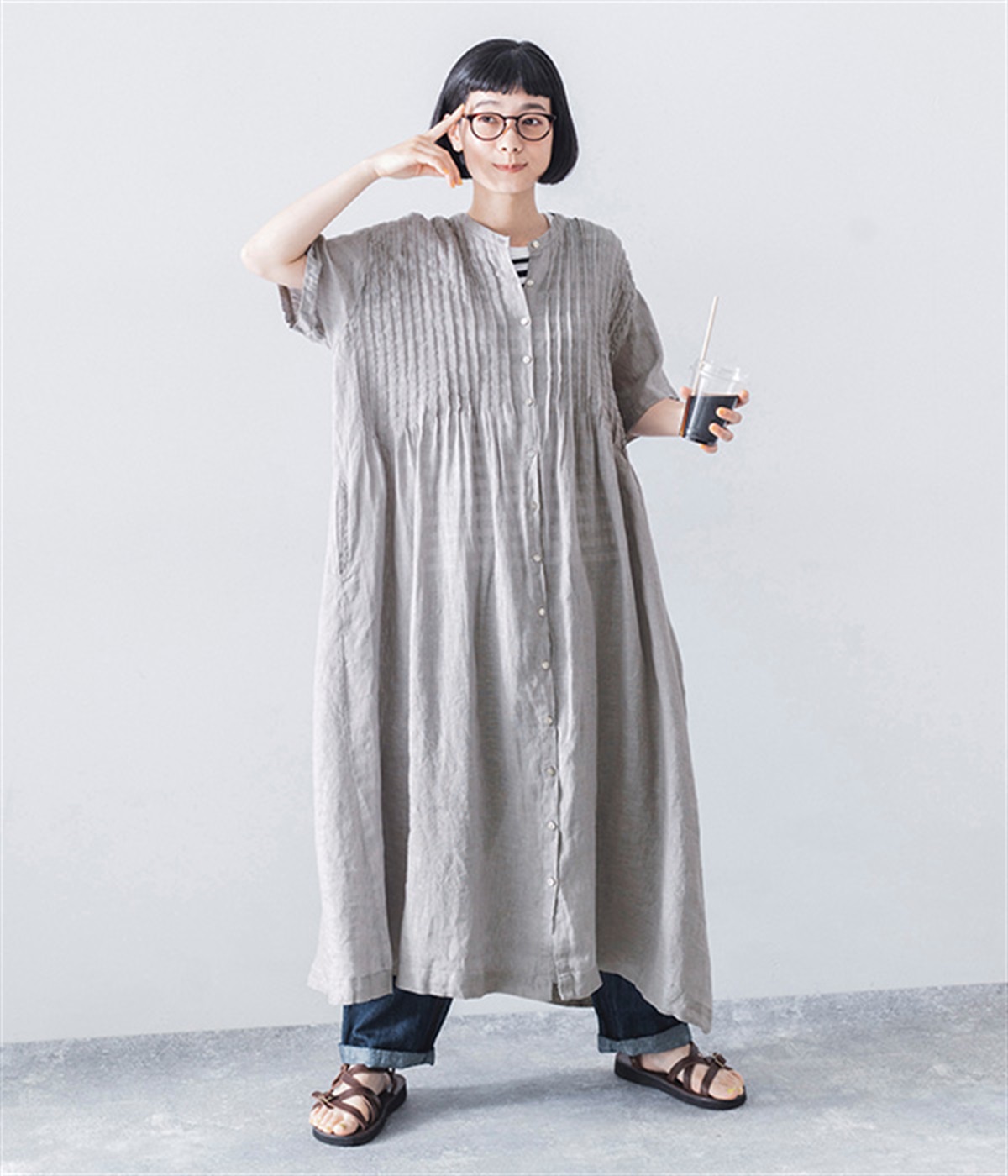 リネンシャンブレー　前ピンタックワンピース