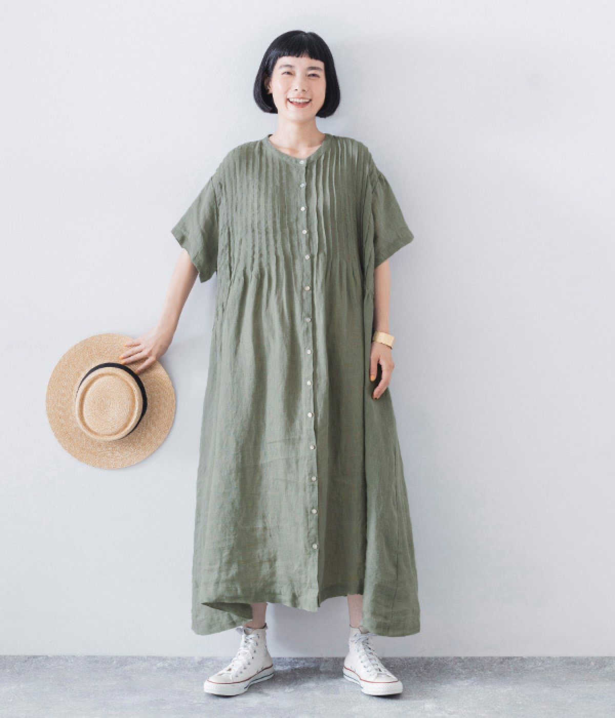 リネンシャンブレー　前ピンタックワンピース(ダルグリーン-ONESIZE)