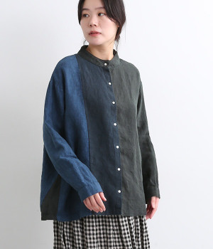 9番手リネン配色切り替えスタンド襟ブラウス(ブラック×ネイビー×インディゴ-ONESIZE)