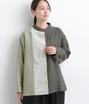 9番手リネン配色切り替えスタンド襟ブラウス(チャコール×グレージュ×ベージュ-F)