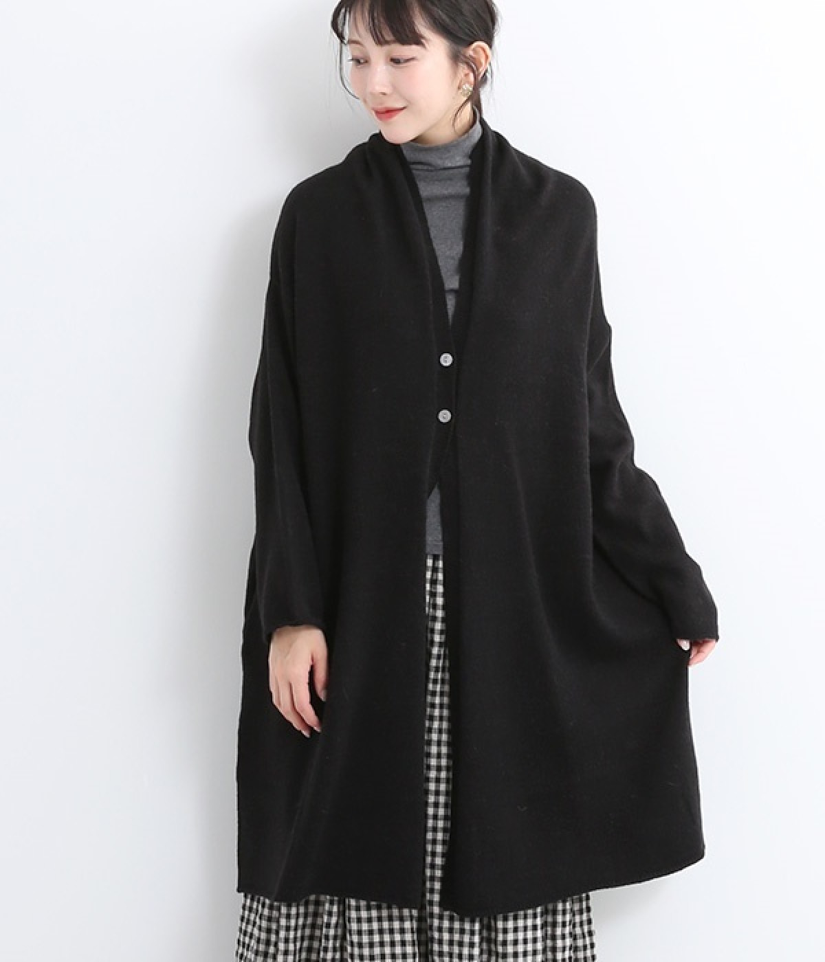 アルパカ混二つボタンカーディガン(ブラック-ONESIZE)