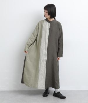 9番手リネン　配色切り替えワンピース(チャコール×グレージュ×ベージュ-F)