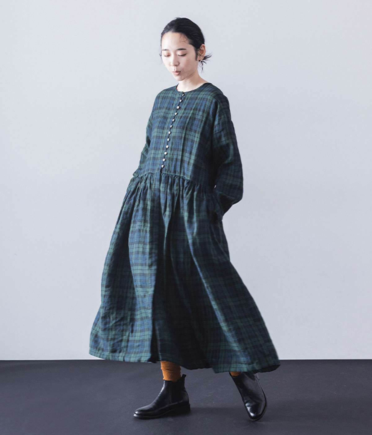 多ボタン比翼あきワンピース(ブラックウォッチ-ONESIZE)