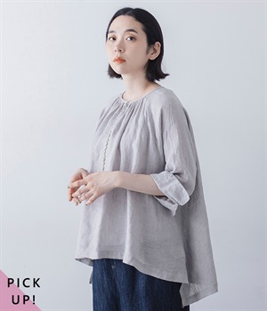 別注｜リネンシャンブレー多ボタンブラウス(ライトグレー-ONESIZE)