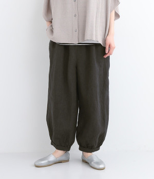 9番手リネン裾ギャザーパンツ(ブラック-ONESIZE)
