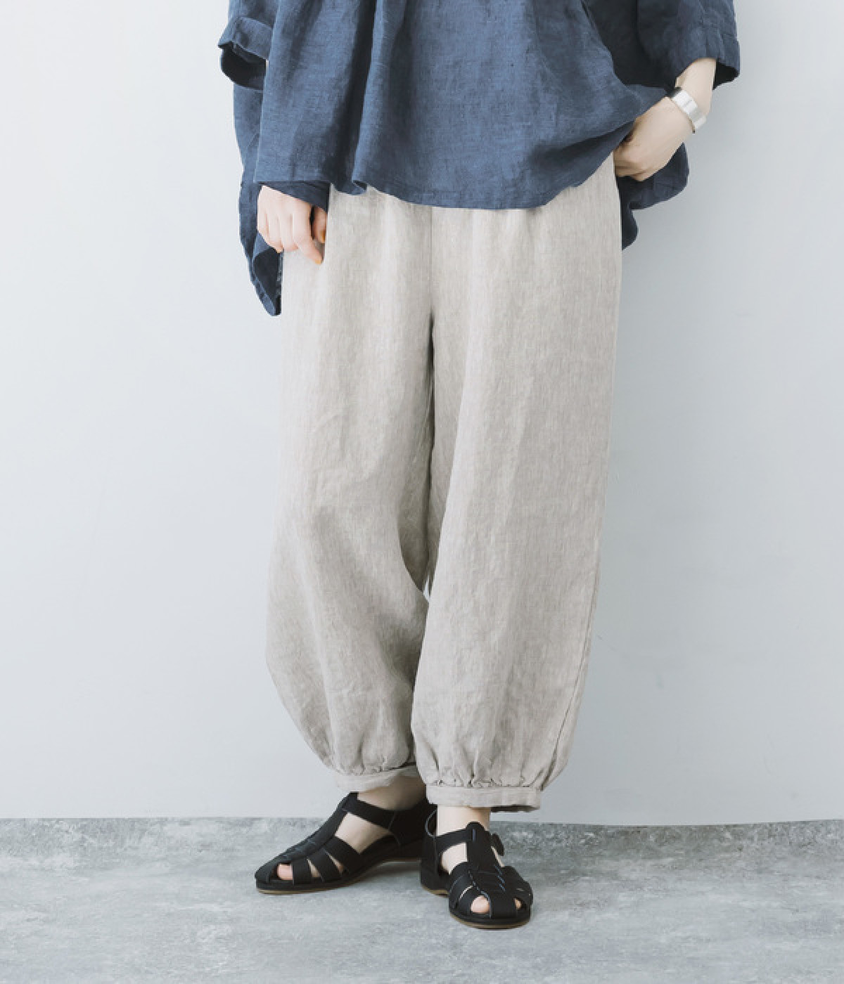 9番手リネン裾ギャザーパンツ(グレージュ-ONESIZE)