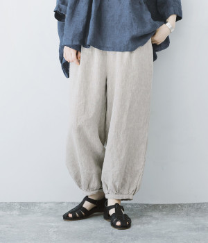 9番手リネン裾ギャザーパンツ(グレージュ-ONESIZE)