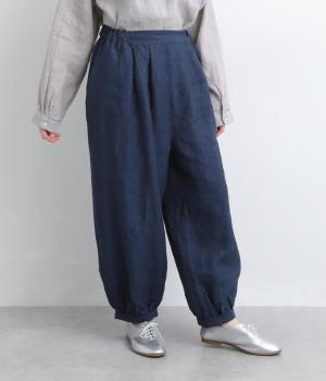 9番手リネン裾ギャザーパンツ(インディゴ-F)