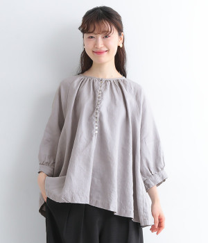 多ボタン袖口ギャザーブラウス(スチールグレー-ONESIZE)