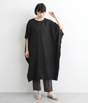 14番手リネン　切り替え後あきチュニック(ブラック-ONESIZE)