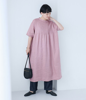 14番手リネン　細ピンタック半袖ワンピース(ダスティピンク-ONESIZE)