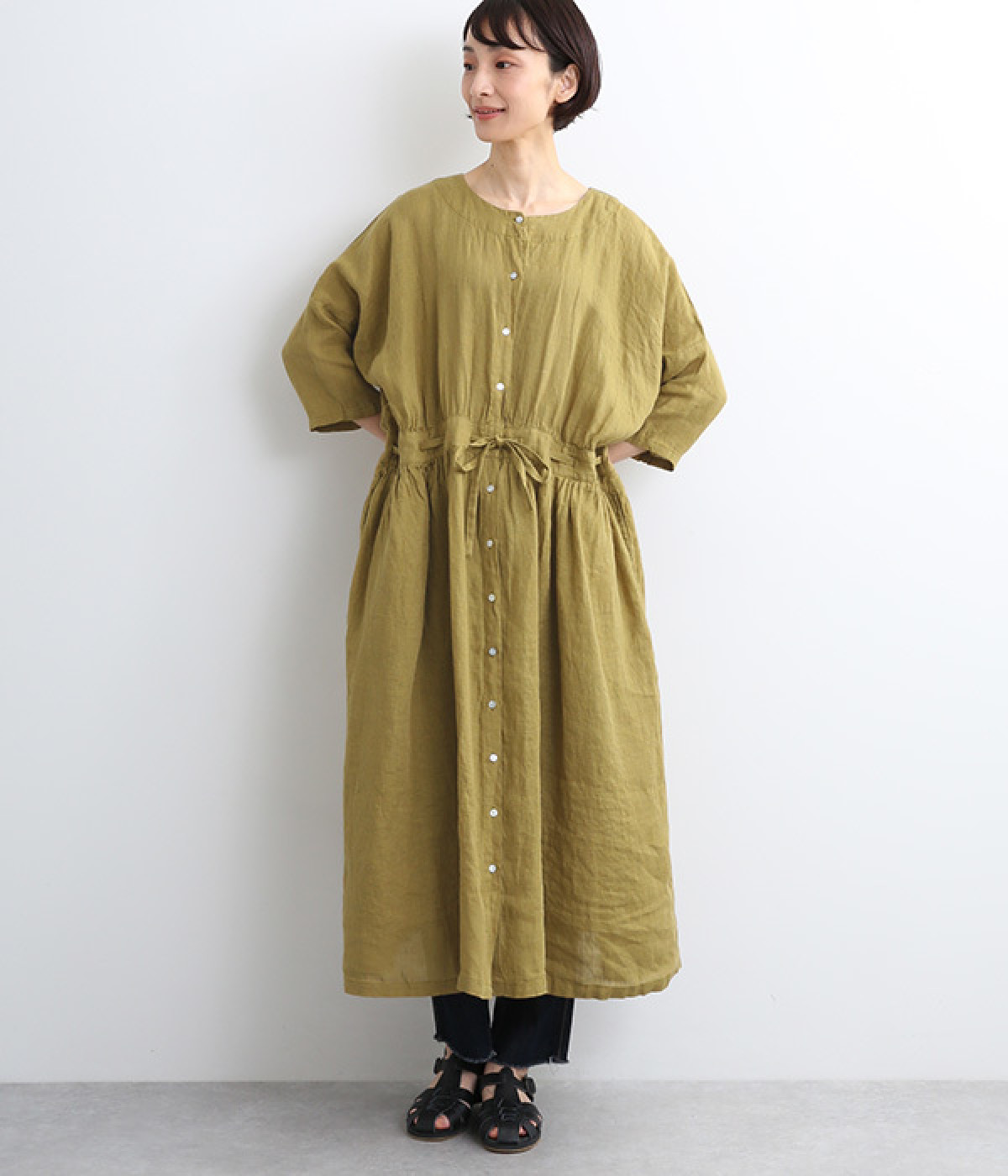 リネンシャンブレー　ウエストひもワンピース(マスタード-ONESIZE)