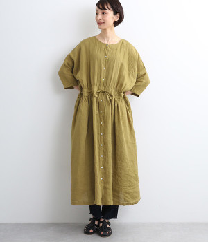 リネンシャンブレー　ウエストひもワンピース(マスタード-ONESIZE)