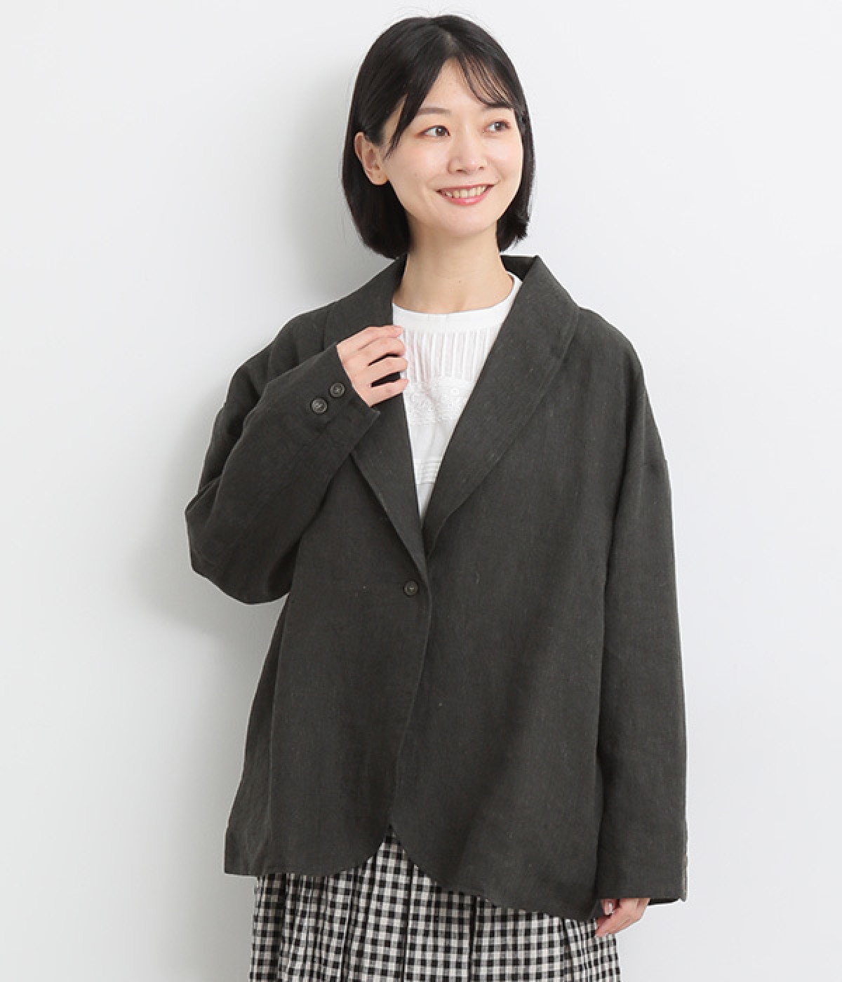 9番手リネン　ショールカラージャケット(ブラック-ONESIZE)