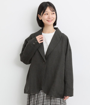 9番手リネン　ショールカラージャケット(ブラック-ONESIZE)