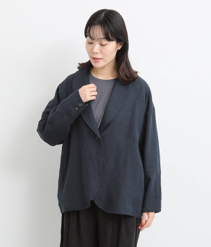 9番手リネン　ショールカラージャケット(ネイビー-ONESIZE)