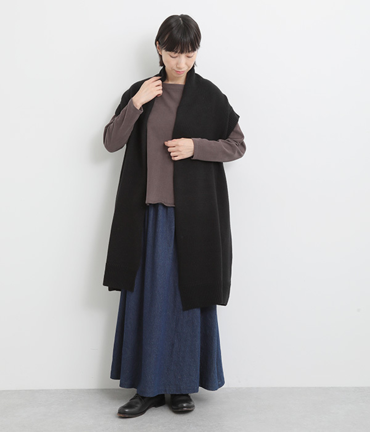 アクリルウールロングベスト(ブラック-ONESIZE)