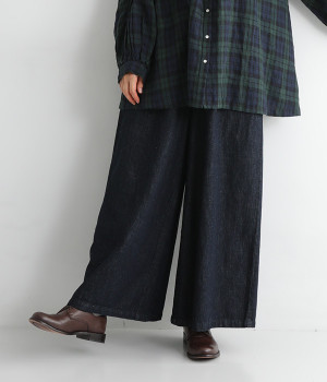 コットンリネンデニムワイドパンツ(インディゴ-ONESIZE)