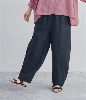 コットンリネンダブルガーゼ 切り替えバルーンパンツ(ネイビー-ONESIZE)