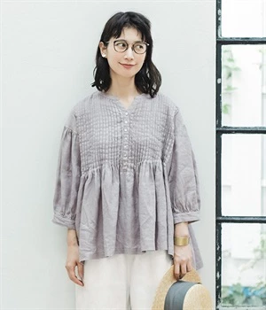 別注｜リネンピンタックボリューム袖ブラウス(スチールグレー-ONESIZE)