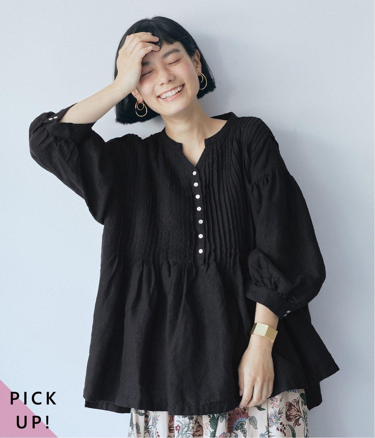 別注｜リネンピンタックボリューム袖ブラウス(ブラック-ONESIZE)