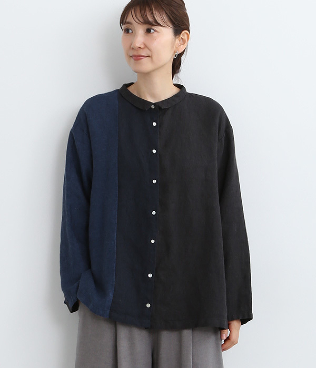 9番手リネン　チビ襟配色切り替えシャツブラウス(ブラック×ネイビー×インディゴ-ONESIZE)