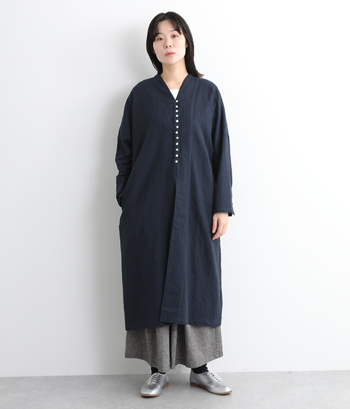 コットンリネンダブルガーゼ　多ボタン羽織(ネイビー-ONESIZE)